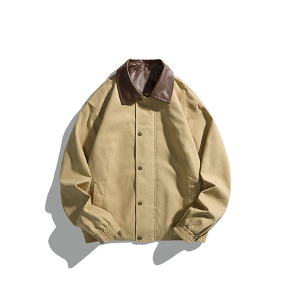 Men's Masculine Boxy Field Blouson with contrasting faux leather collar and concealed snap button placket EVA-US