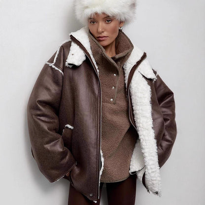 Women's Oversized Pilot Jacket in Vintage Look with Sherpa Lining and Contrast Trimmings EVA-US
