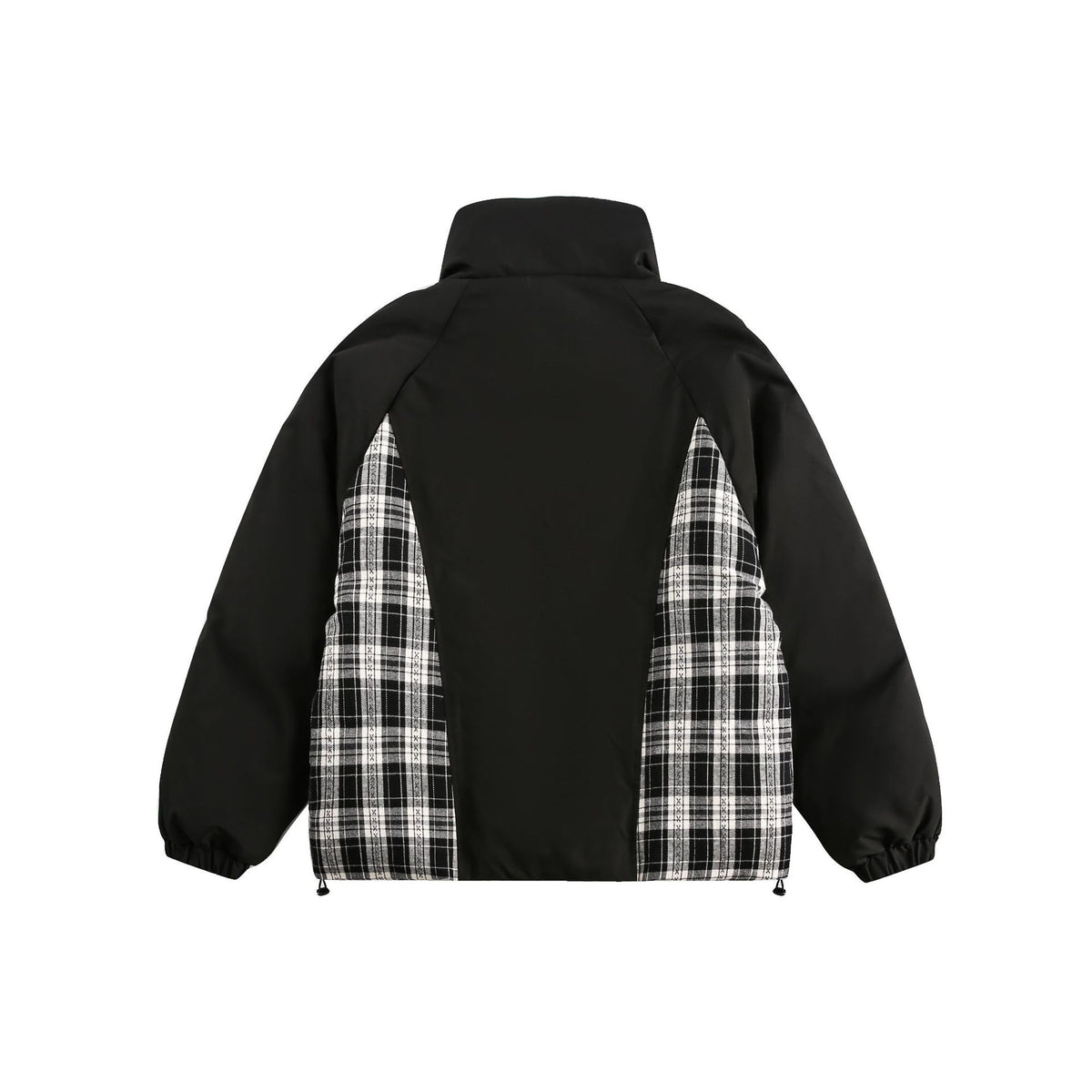 Unisex Oversize Stand Collar Puffer Jacket with Checked Insert Panel and Utility Pockets EVA-US