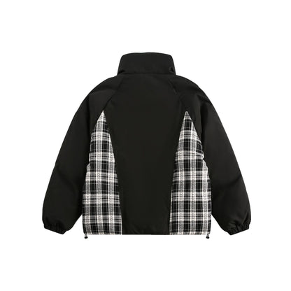 Unisex Oversize Stand Collar Puffer Jacket with Checked Insert Panel and Utility Pockets EVA-US