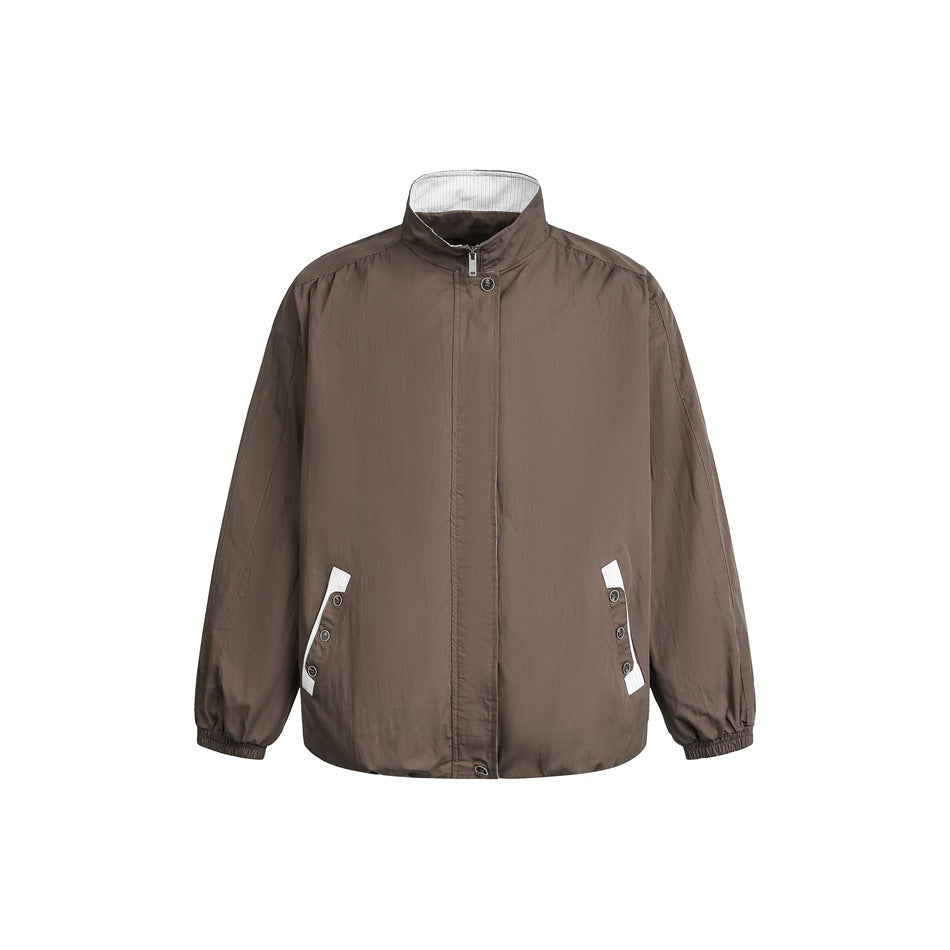 Unisex short-cut lightweight windbreaker jacket with standing collar, concealed zipper, and contrasting patch pockets EVA-US