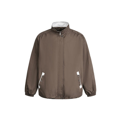 Unisex short-cut lightweight windbreaker jacket with standing collar, concealed zipper, and contrasting patch pockets EVA-US