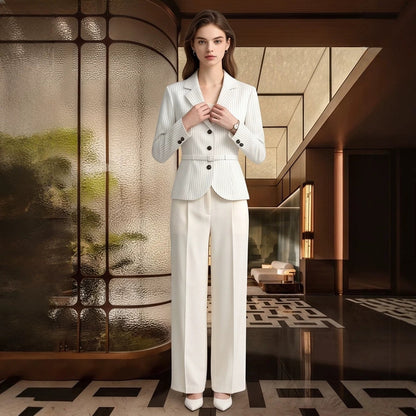 Women Tailored Pinstripe Blazer and Palazzo Pants Set EVA-US