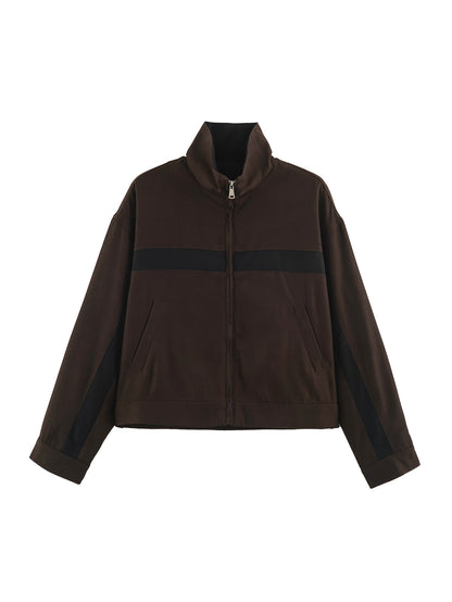 Ladies Cropped Track Jacket with Stand-up Collar, Zipper and Side Contrast Stripes EVA-US