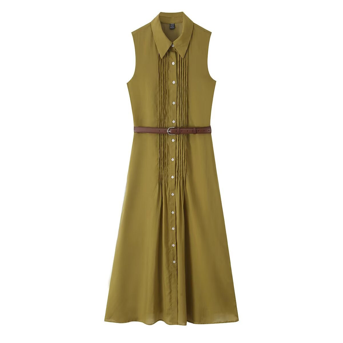 Women's sleeveless shirt dress with pleats, button placket and belt EVA-US