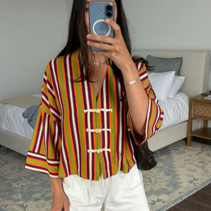 Women's Striped Lightweight Short Blouse with V-Neck, Three-Quarter Sleeves & Decorative Knot Closures EVA-US