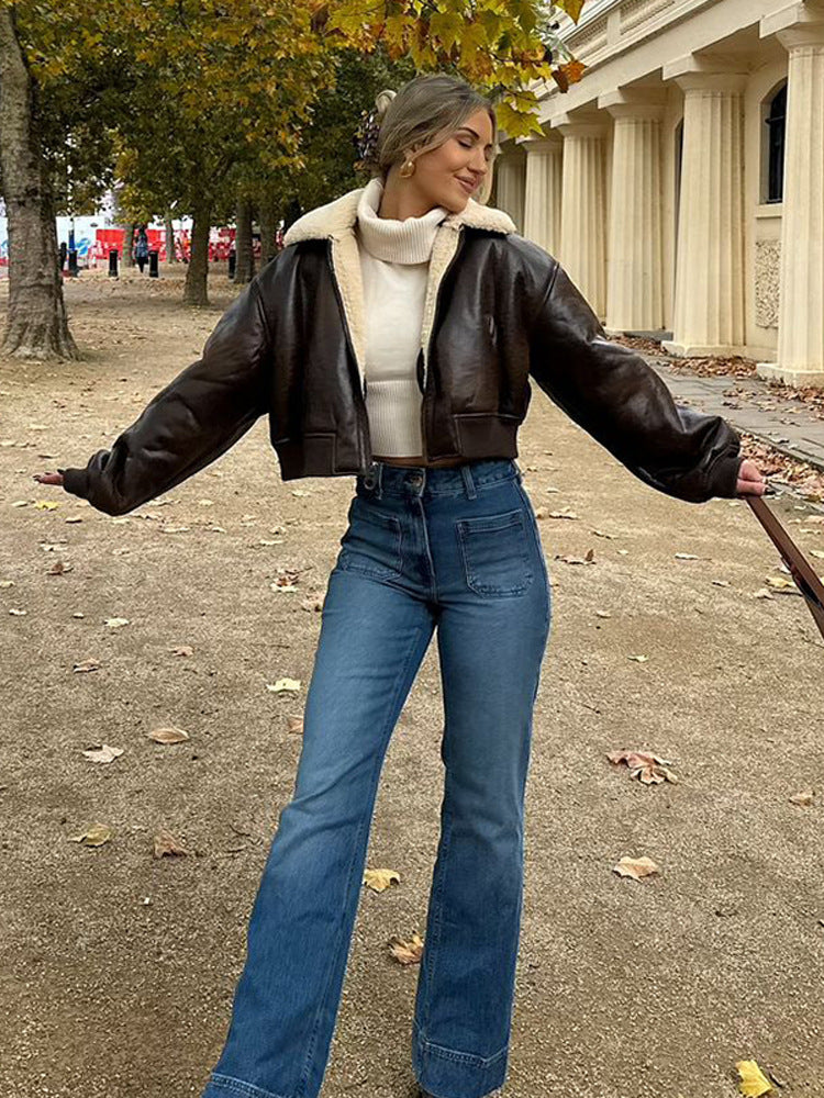 Ladies short cut pilot jacket with teddy lining and oversized sleeves EVA-US