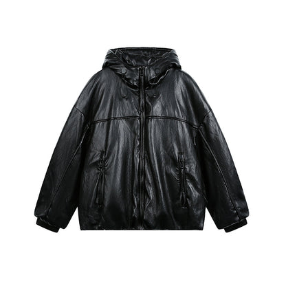 Men's Oversized Faux Leather Jacket with Hood and Zipper EVA-US