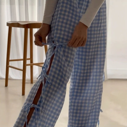 Women High-Waist Linen-Look Pants with Gingham Check, Wide Leg & Side Tie Details EVA-US