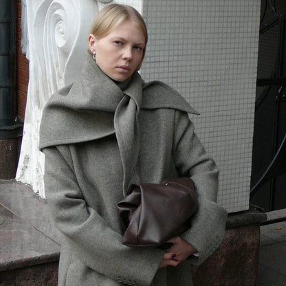 Women Mid-length Wool Blend Coat with Integrated Loop Scarf EVA-US