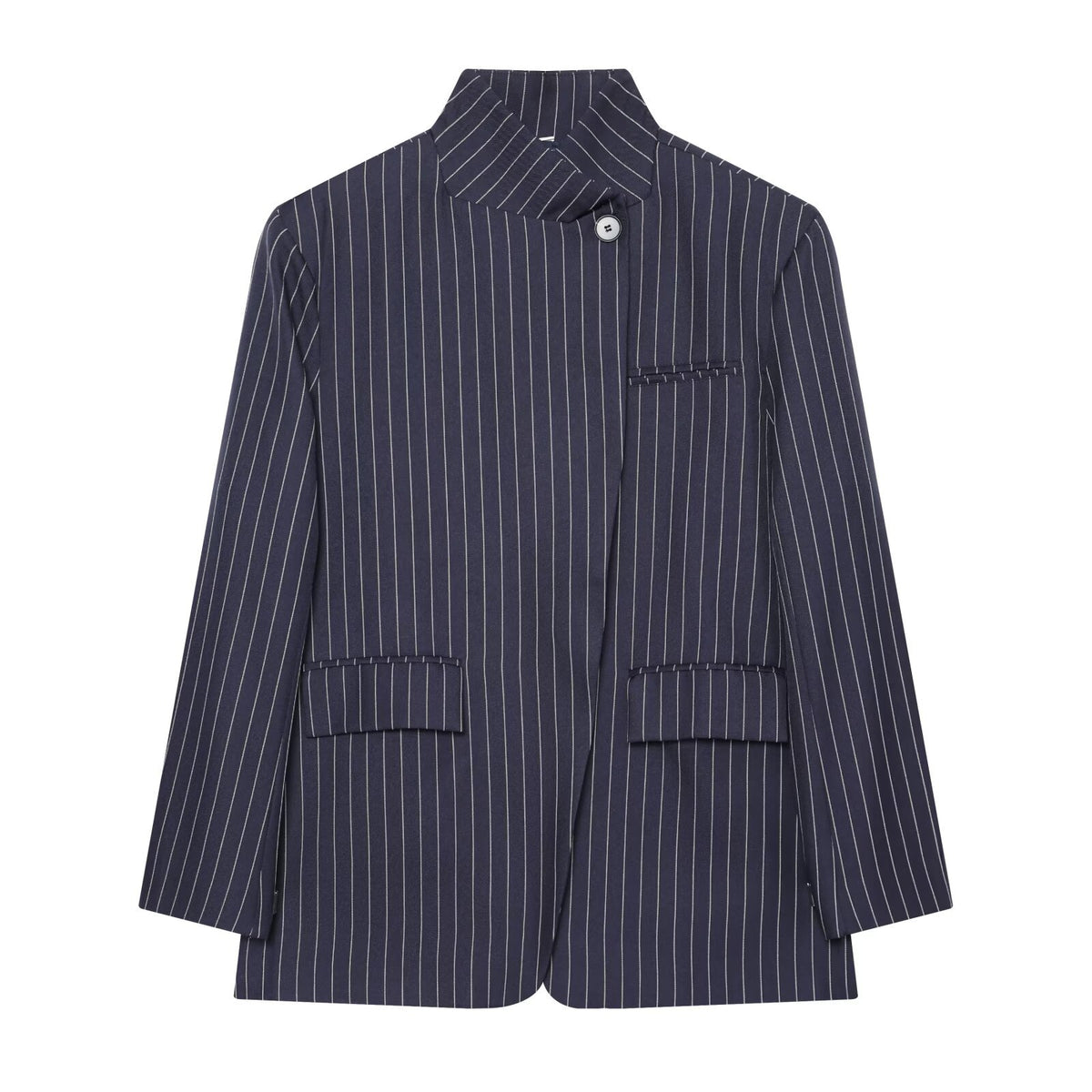 Women Checked Long Blazer with Stand Collar, Concealed Button Placket and Flap Pockets EVA-US