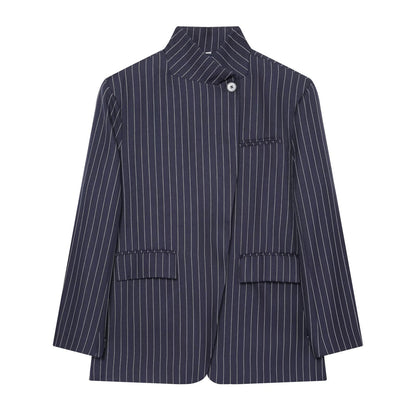 Women Checked Long Blazer with Stand Collar, Concealed Button Placket and Flap Pockets EVA-US