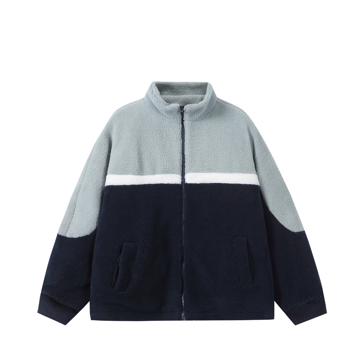 Unisex Oversized Sherpa-Fleece Jacket with Stand Collar and Front Zip EVA-US