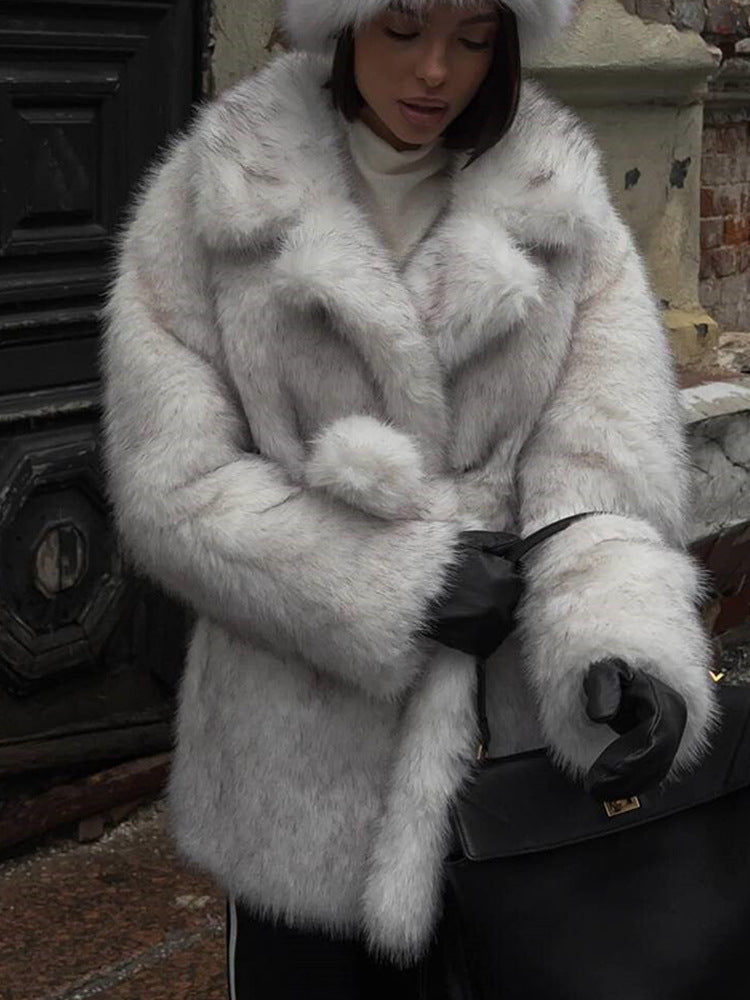 Ladies Voluminous Short Coat made of Faux Fur with Belted Waist and Oversized Shawl Collar EVA-US