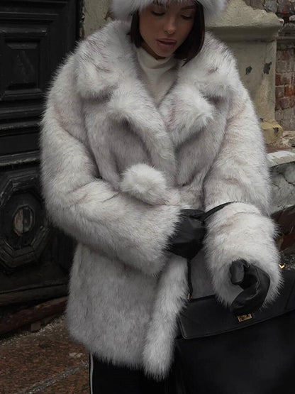 Ladies Voluminous Short Coat made of Faux Fur with Belted Waist and Oversized Shawl Collar EVA-US