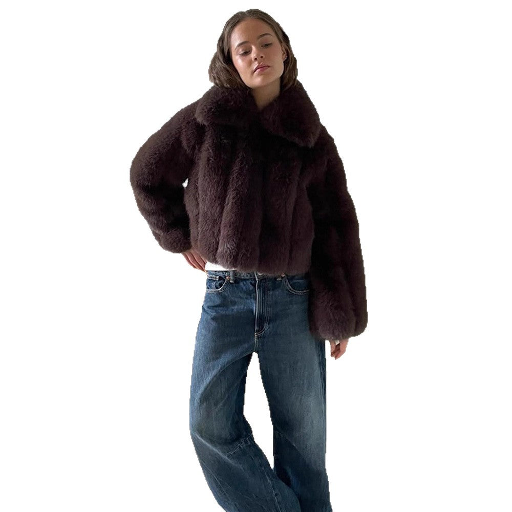 Women's Short Cropped Faux Fur Jacket with Voluminous Shawl Collar and Boxy Silhouette EVA-US