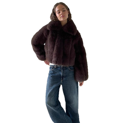 Women's Short Cropped Faux Fur Jacket with Voluminous Shawl Collar and Boxy Silhouette EVA-US