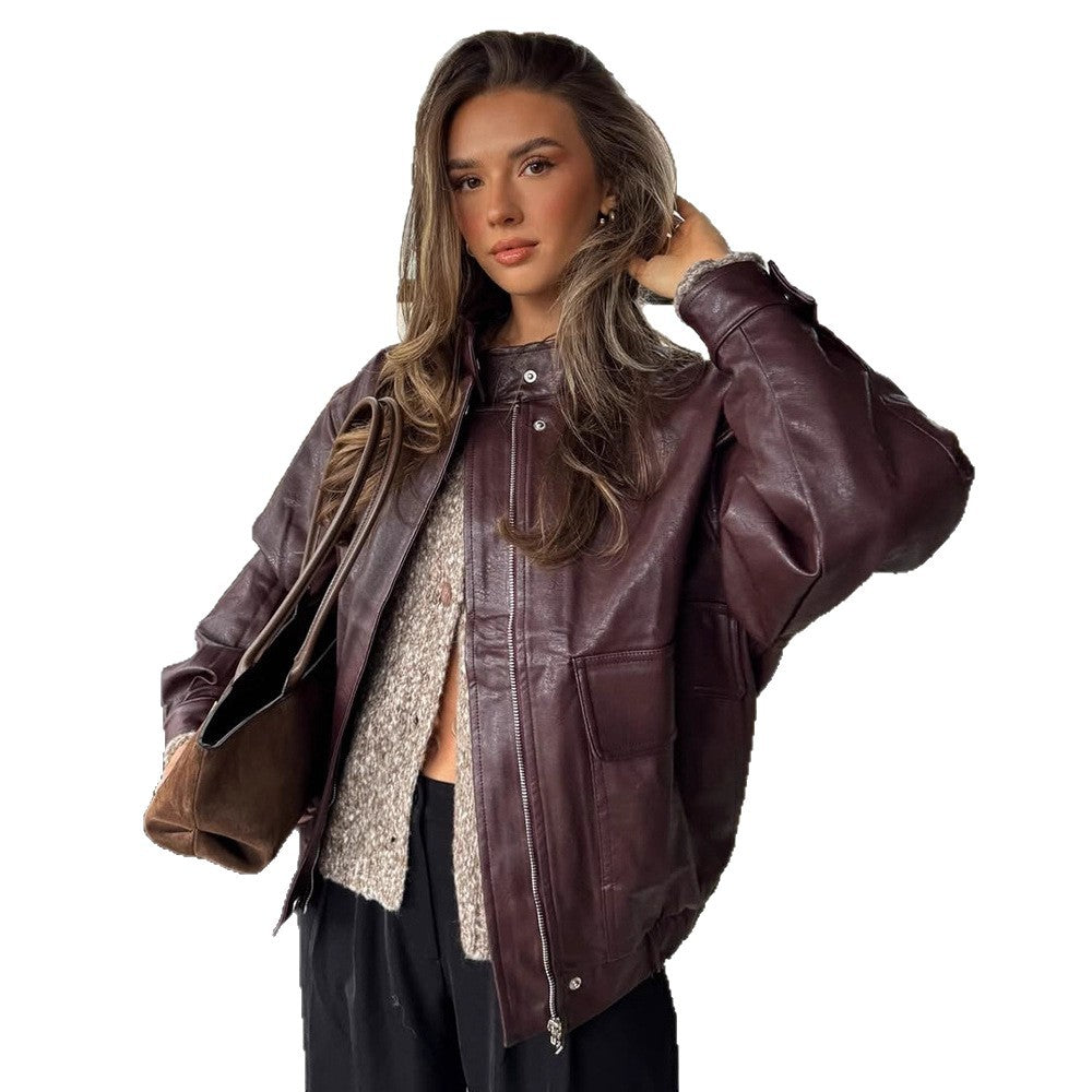 Women's Oversize Faux Leather Blouson with Sherpa Lining, Practical Flap Pockets & Two-Way Zipper EVA-US
