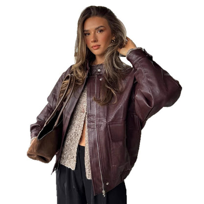 Women's Oversize Faux Leather Blouson with Sherpa Lining, Practical Flap Pockets & Two-Way Zipper EVA-US