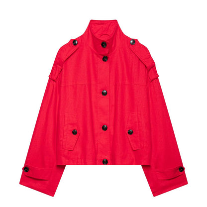 Women's short cape jacket in boxy cropped trench style with stand collar and shoulder patches EVA-US