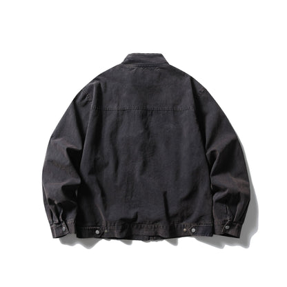 Men's Short Vintage Denim Field Blouson with Stand Collar, Toggle Closure and Utility Pockets EVA-US