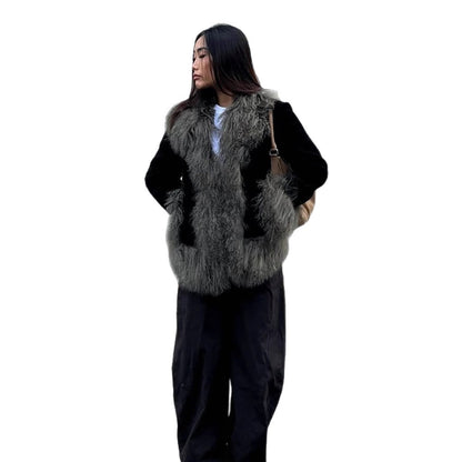 Women's short coat made of artificial fur with voluminous curl trim EVA-US