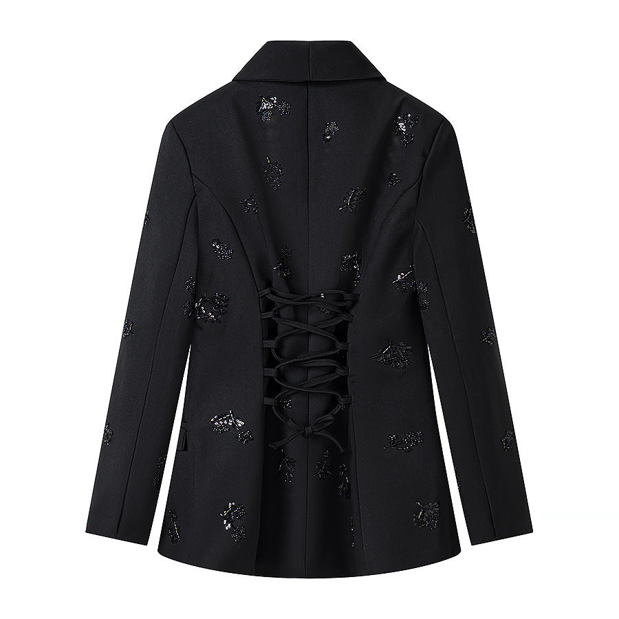 Women's Double-Breasted Blazer with Sequin Flowers and Shawl Collar EVA-US