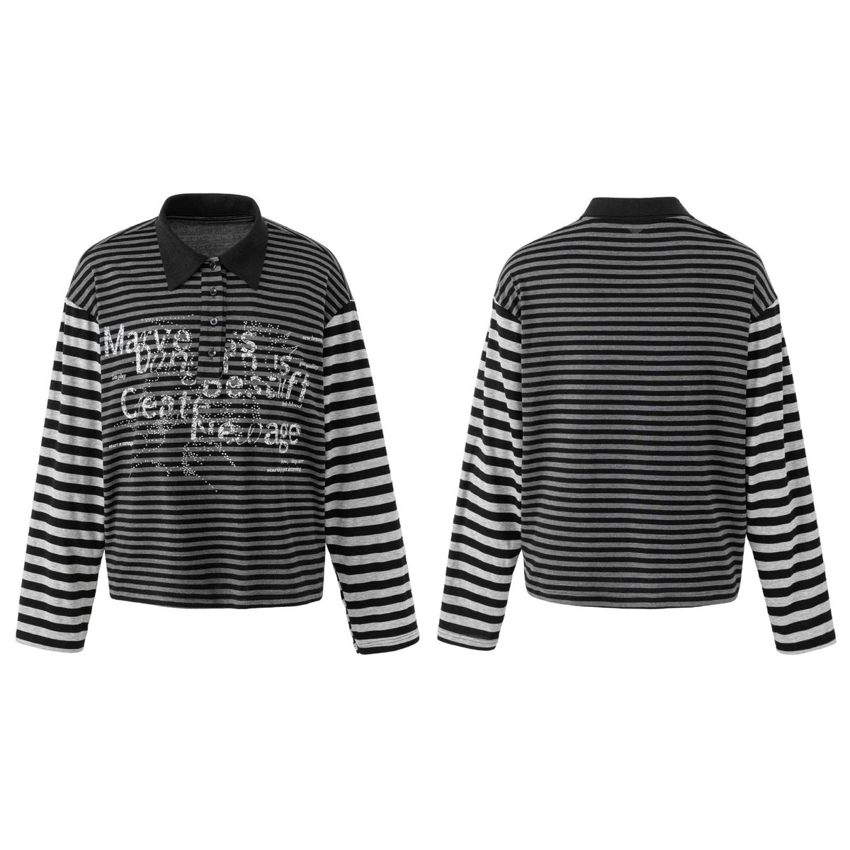 Women's Striped Long Sleeve Polo with Large Kent Collar, Print and Rhinestone Applications EVA-US