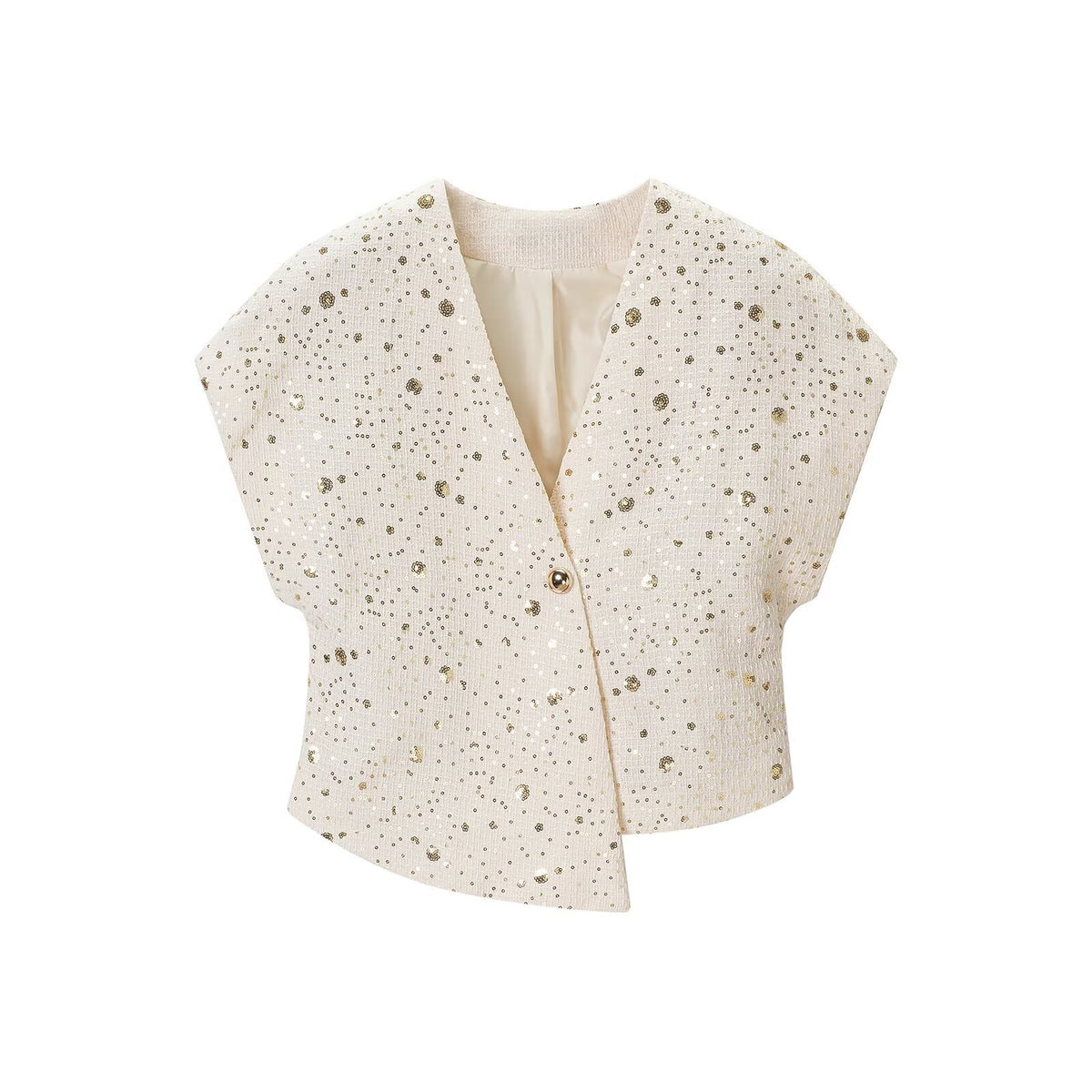 Women's Sleeveless Boucle Vest with Sequin Trim and V-Neck Dress