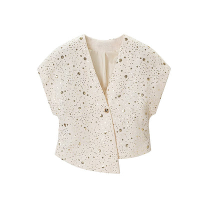 Women's Sleeveless Boucle Vest with Sequin Trim and V-Neck Dress