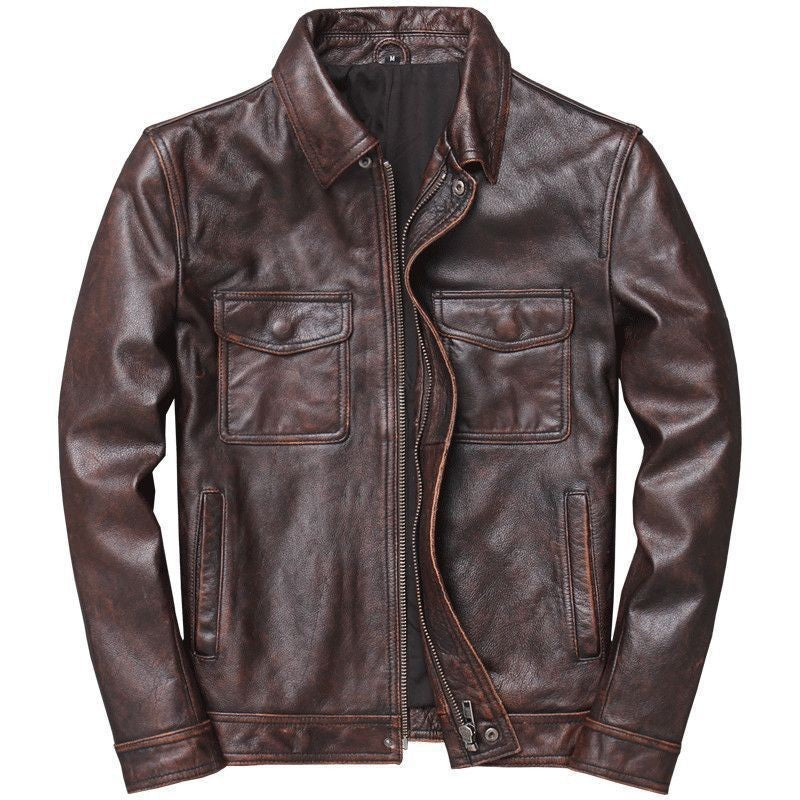 Men's leather jacket in vintage biker style with chest pockets and zipper EVA-US