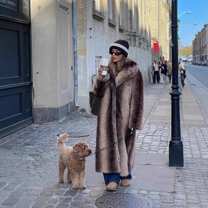 Women Maxilength Oversize Faux Fur Coat with Vintage Cut and Wide Lapel Collar EVA-US