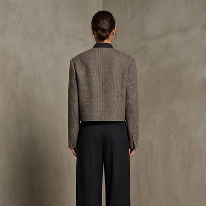 Ladies Short Cut Wool Blazer with Stand-up Collar and Herringbone Pattern EVA-US