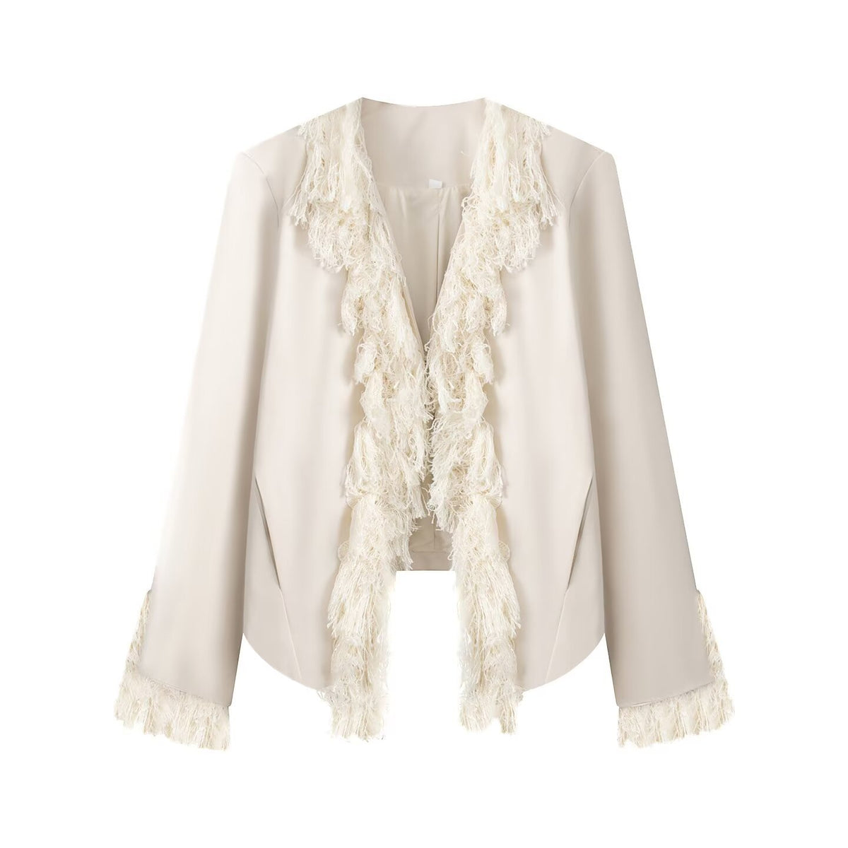 Women's short blazer with fringe and feather embellishment in open cut EVA-US