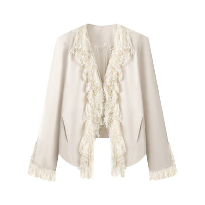 Women's short blazer with fringe and feather embellishment in open cut EVA-US