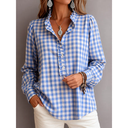 Women's Checkered Blouse Top with Ruffled Collar and Half Button Placket EVA-US