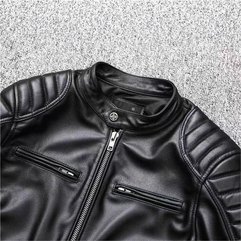 Men's Vintage Biker Leather Jacket with Stand Collar and Padded Shoulder EVA-US