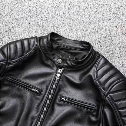 Men's Vintage Biker Leather Jacket with Stand Collar and Padded Shoulder EVA-US