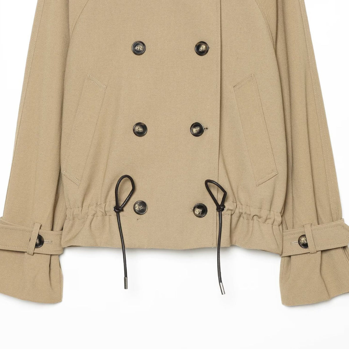 Women Cropped Trench Coat with High Funnel Collar, Raglan Sleeves and Drawstring Waistband EVA-US