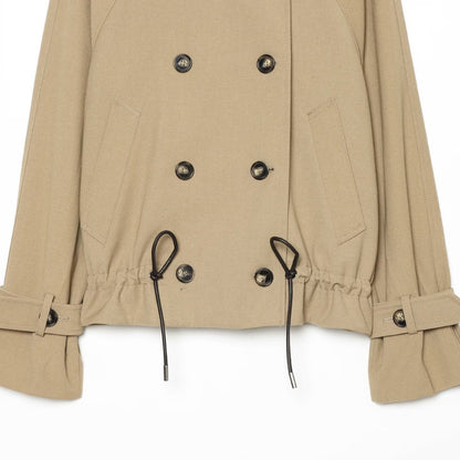 Women Cropped Trench Coat with High Funnel Collar, Raglan Sleeves and Drawstring Waistband EVA-US