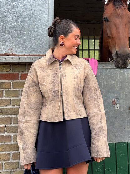 Women's short cut suede jacket in used look with extra long sleeves and two-way zipper EVA-US