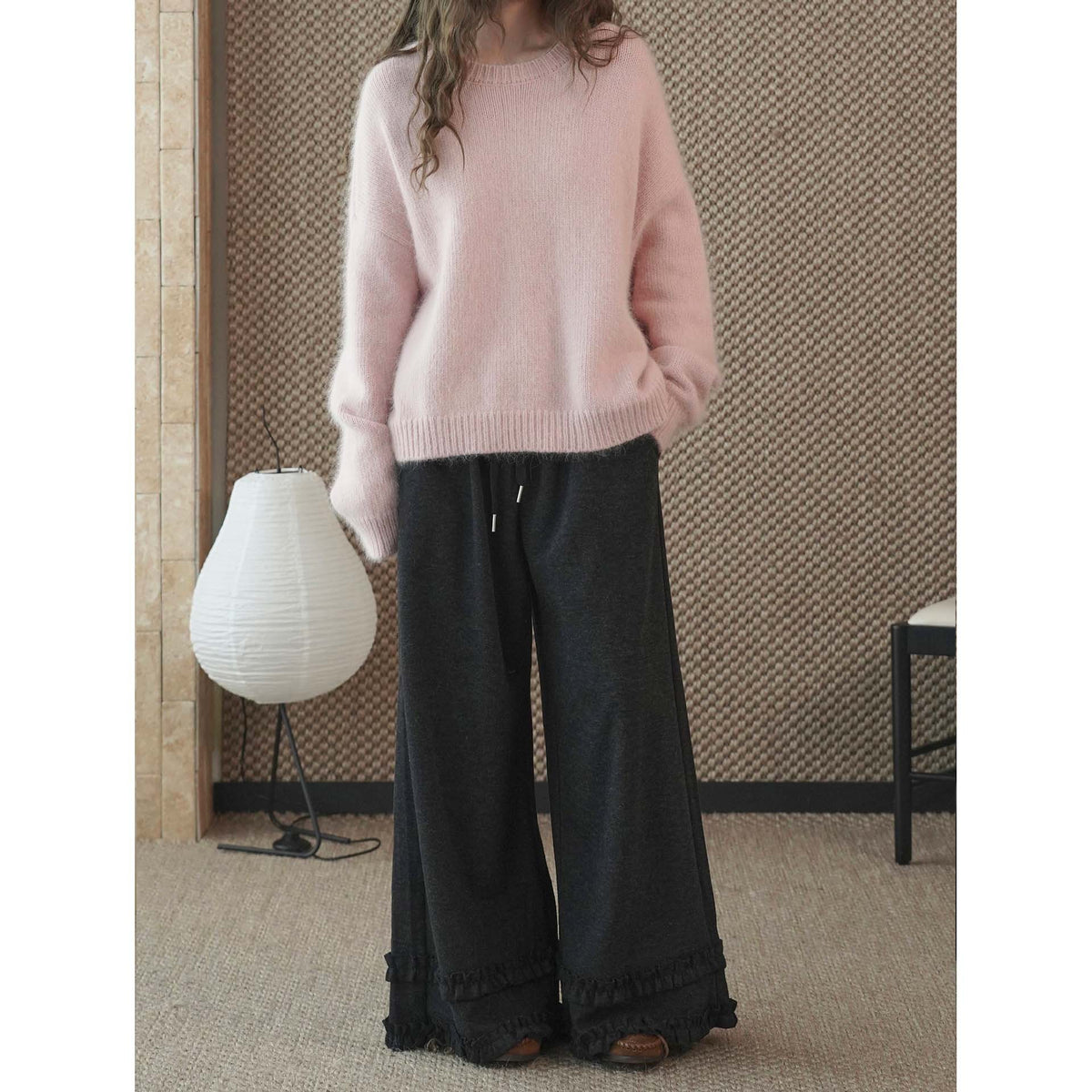 Women Wide Loungewear Pants with Elastic Waistband, Drawstring and Ruffle Detail EVA-US