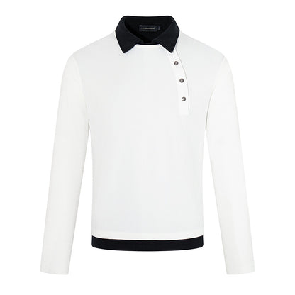 Men's long-sleeve polo shirt with asymmetrical button placket and contrasting collar EVA-US