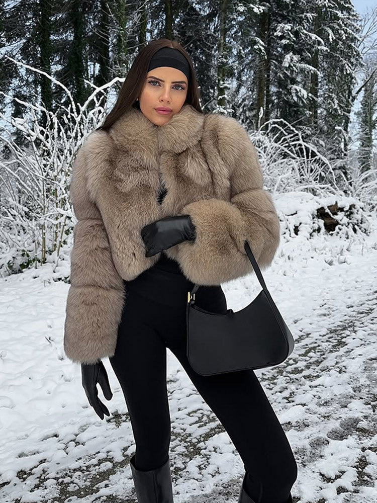 Women's Short Cut Luxury Faux Fur Blouson with Voluminous Shawl Collar EVA-US