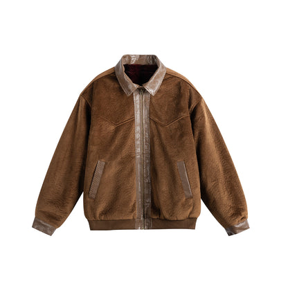 Unisex Oversize Blouson Jacket made of Velours-Suede with reptile embossed trim and warming teddy lining EVA-US