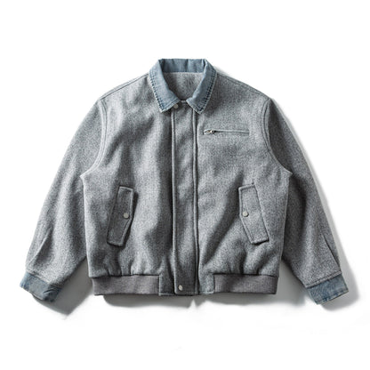 Men's Short Wool Blend Bomber Jacket with Denim Collar and Flap Pockets EVA-US