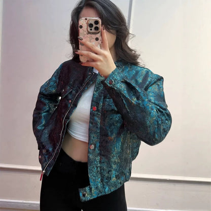 Women's Short Jacket in Metallic Jacquard with Snap Button Placket and Flap Pockets EVA-US