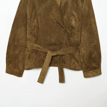 Women's Tailored Velvet Look Wrap Coat with Shawl Collar and Tied Belt EVA-US