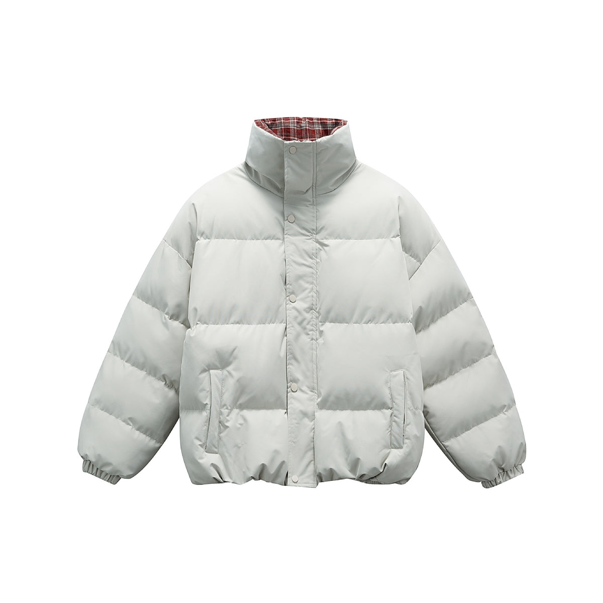 Unisex short boxy padded insulation jacket with extra high stand-up collar and checked lining EVA-US