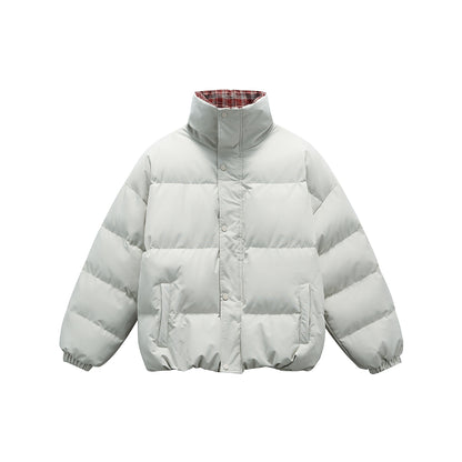 Unisex short boxy padded insulation jacket with extra high stand-up collar and checked lining EVA-US